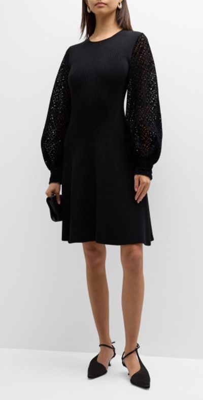 Lela Rose - Flocked Lace Blouson-Sleeve Fit-&-Flare Dress