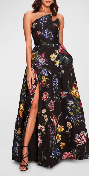 marchesa notte　Flower　プリーツリボン♡ Marchesa Notte - Strapless Pleated Floral Fil Coupe Gown