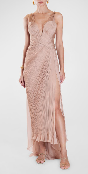 Maria Lucia Hohan - Adelie Plunging Draped Plisse Slit Gown