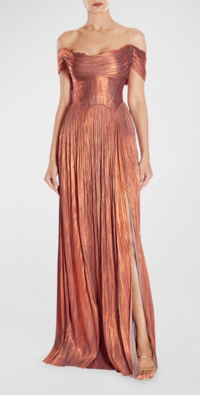 Maria Lucia Hohan - Sharon Off-The-Shoulder Metallic Silk Plisse Gown