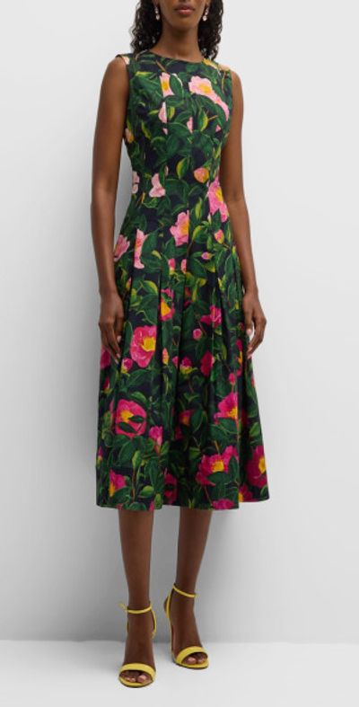 i need to fit into a dress in a week Notched Collar Long Sleeve Pleated Midi Dress Green Multi / M/L