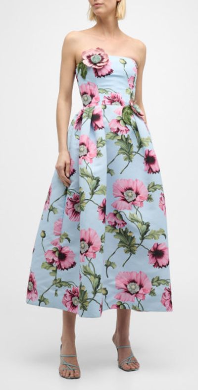 Oscar de la Renta - Flower Embroidered Strapless Poppies Faille Midi Dress