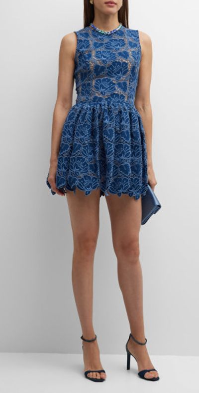 Oscar de la Renta - Lotus Denim Lace Mini Dress
