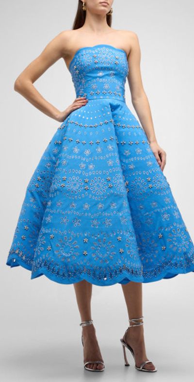 Oscar de la Renta Strapless Crystal Eyelet Scallop Midi Cocktail