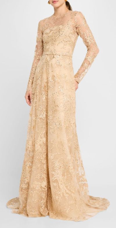 Pamella Roland Sequin Embroidered Tulle Long-Sleeve Illusion Gown
