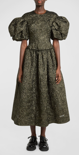 Simone Rocha - Metallic Cloqué Puff-Sleeve Sculpted Corset Maxi Dress