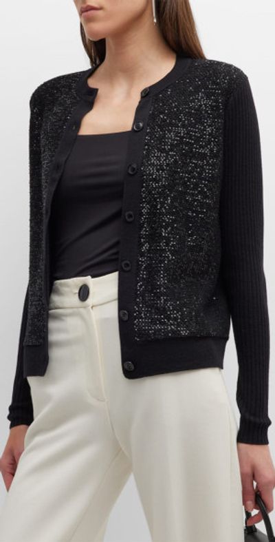 St. John Sequin-Front Wide Rib Knit Cardigan