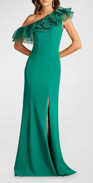 Robe Tadashi Shoji En Crêpe Extensible Bleue - Brodée Pivoine, Taille 16, Maxi Mancheron