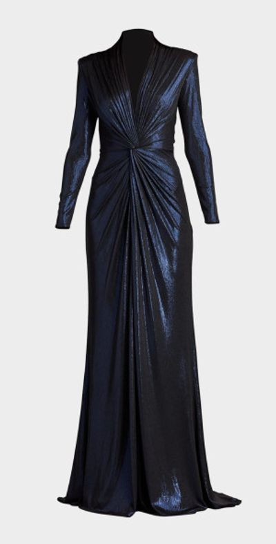 Tadashi Shoji Twist-Front Metallic Jersey Column Gown