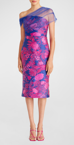 A-Line Floral Jacquard One Shoulder Floor-Length Mother of the Bride Dresses with Ruffles & Slit main image 0