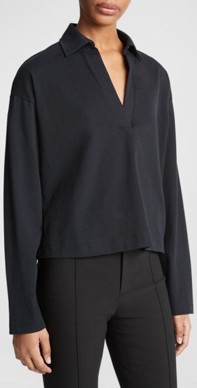 Vince Easy Cotton Long-Sleeve Pullover Polo Top