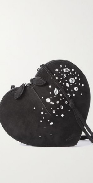 【ALAIA】Le Coeur embellished suede shoulder bag Burgundy Le Cœur crystal-embellished suede shoulder bag