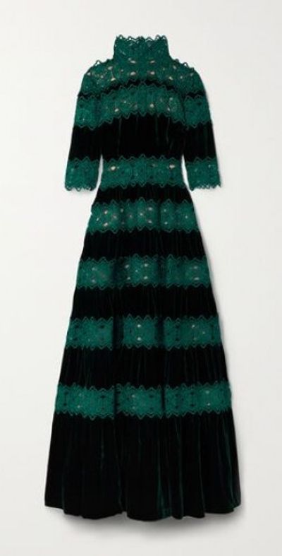COSTARELLOS Lissie paneled velvet and guipure lace gown