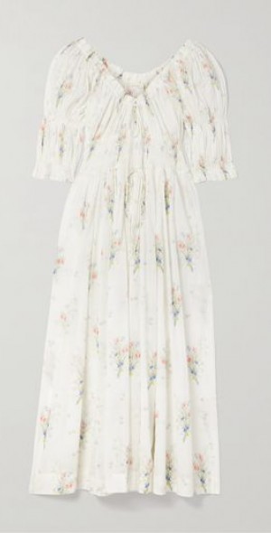 Doen Ischia Shirred Floral-Print Cotton-Voile Midi Dress in White | Lyst