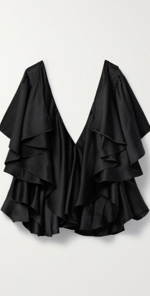 Justyne - Sleeveless Silk Blouse with Side Ruffle, Jabot Bib