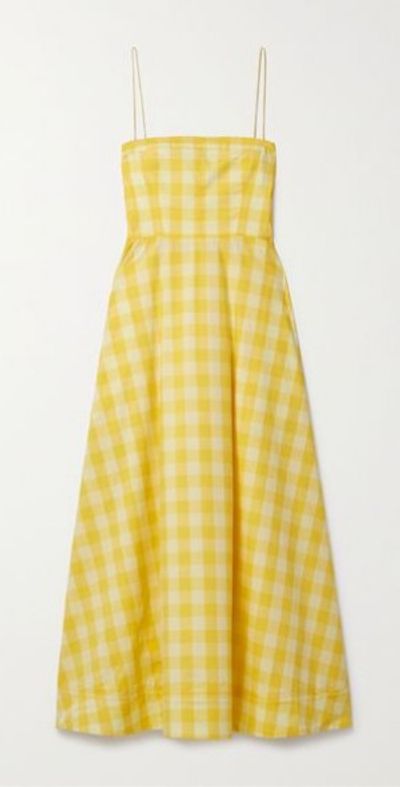 gingham cotton poplin dress Marine Layer Demi Poplin Midi Dress Navy Gingham / S