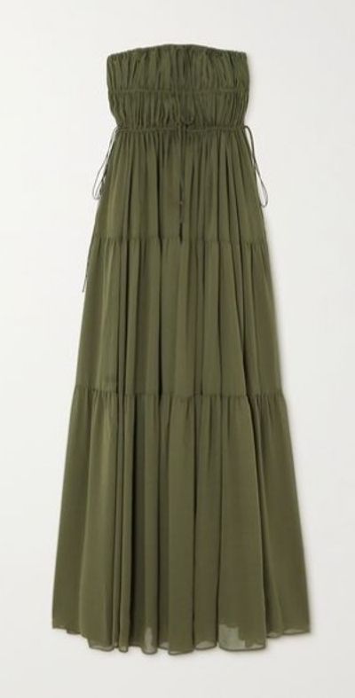 matteau green shirred maxi dress Illusion Mesh