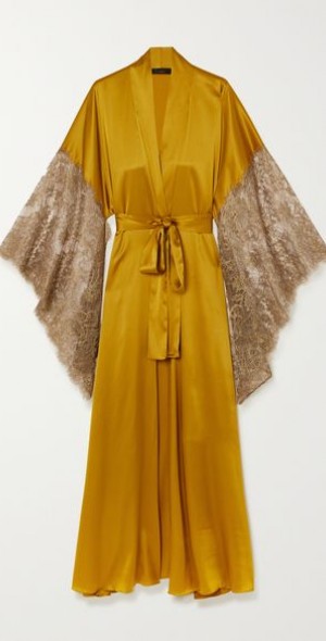 ROSAMOSARIO - Golden Hour belted metallic lace-trimmed silk-satin robe