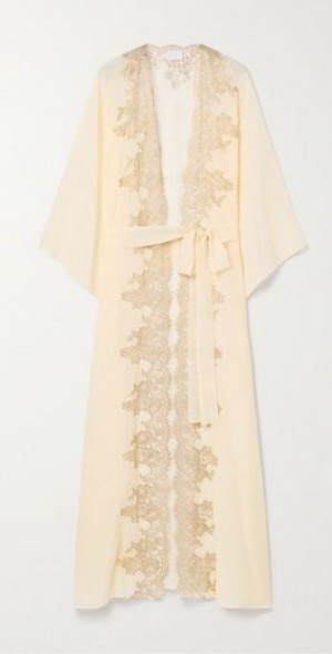 ROSAMOSARIO - Panther belted metallic lace-trimmed silk-georgette robe