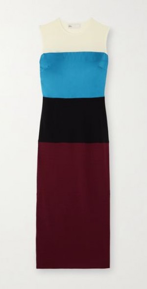 TORY BURCH - Color-block stretch-mesh, jersey and satin midi dress