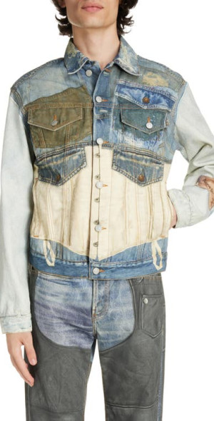 Dirk Van Saene denim trucker jacket trompe l'oeil topstitch sleeveless top main image 0