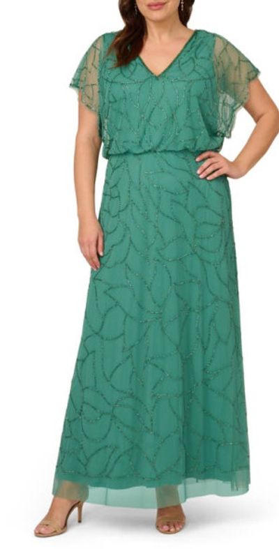 Adrianna Papell - Beaded Mesh Blouson Gown in Jungle Green at Nordstrom