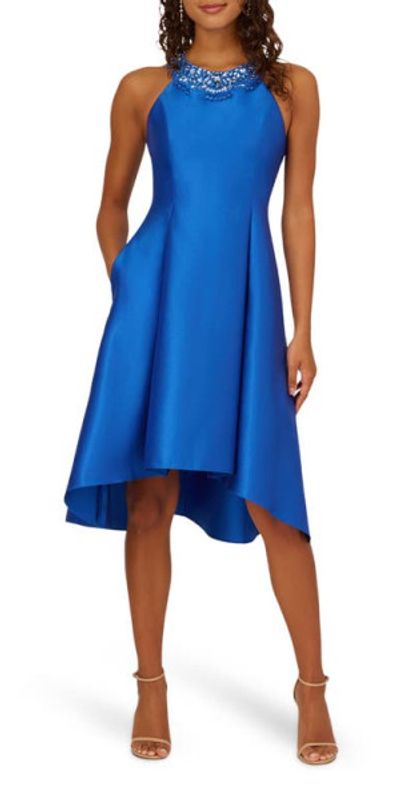 Adrianna Papell Beaded Neck Mikado Midi Fit Flare Dress in