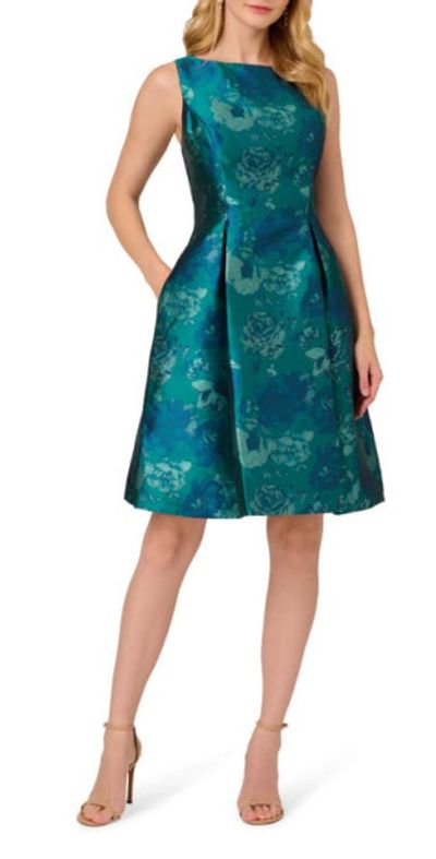 Adrianna Papell Floral Jacquard Fit Flare Dress in Teal Multi