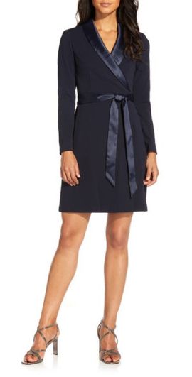 Adrianna Papell Adrianna Papell Tux Long Sleeve Crepe Faux Wrap Dress in Midnight