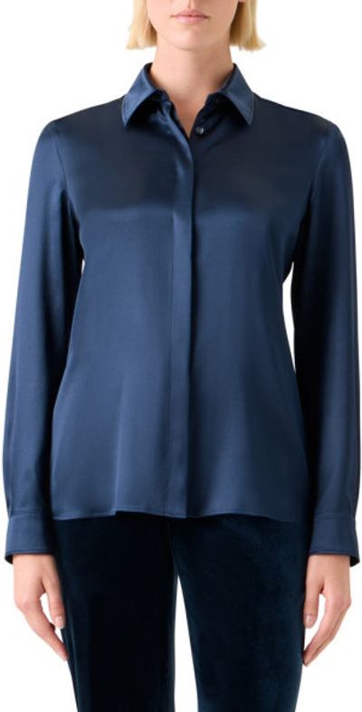 Akris Akris Stretch Silk Satin Button-Up Shirt in Denim Blue at Nordstrom, Size 8