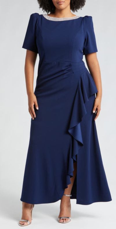 Alex Evenings Alex Evenings Embellished Ruffle Gown in Navy at Nordstrom, Size 14W