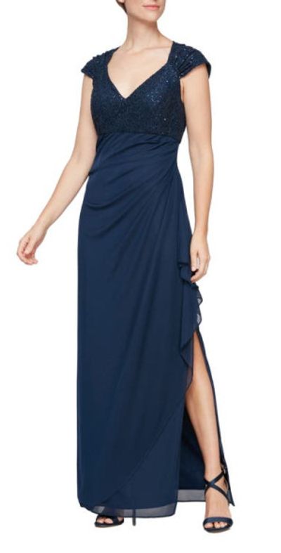 chinese dress ladies Zapaka Women Navy Long Sleeves A-Line Lace Long Mother of The Bride Dress V-Neck Long Sleeves Wedding Guest Dress, Navy / US2 main image 0