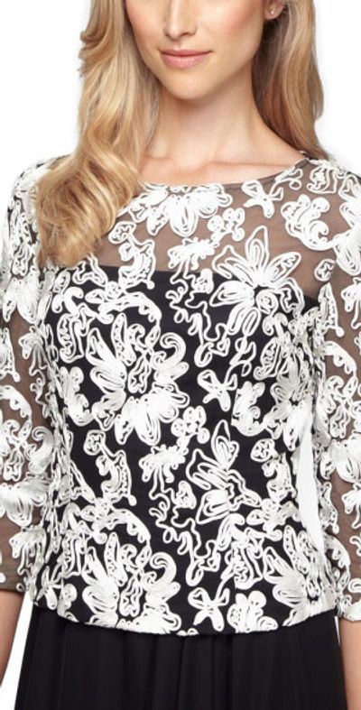 Alex Evenings Alex Evenings Soutache Tulle Blouse in Black/White at Nordstrom, Size Small