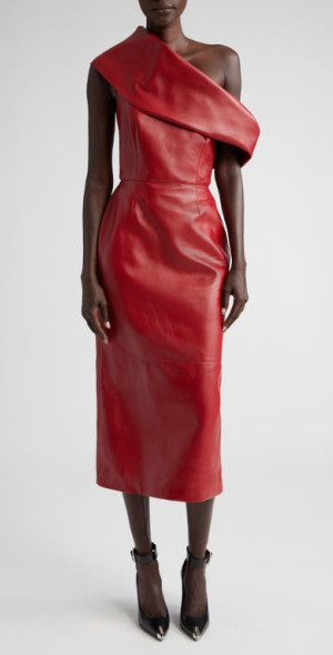 Alexander McQueen - One-Shoulder Draped Leather Midi Dress in