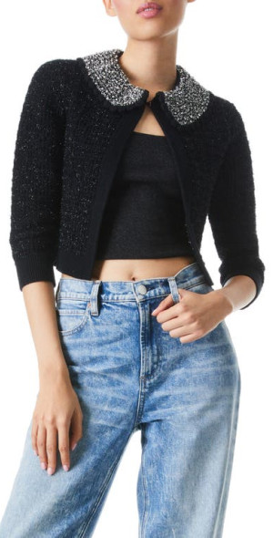 Alice + Olivia - Akira Embellished Crop Cardigan in Black Metallic
