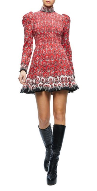 Alice + Olivia - Alice + Olivia Elvira Smocked Long Sleeve Dress in Allure  Medallion Perfect Ruby