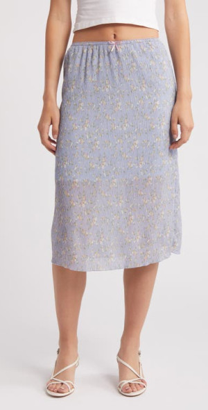 All in Favor Floral Crinkle Midi Skirt in Blue White at