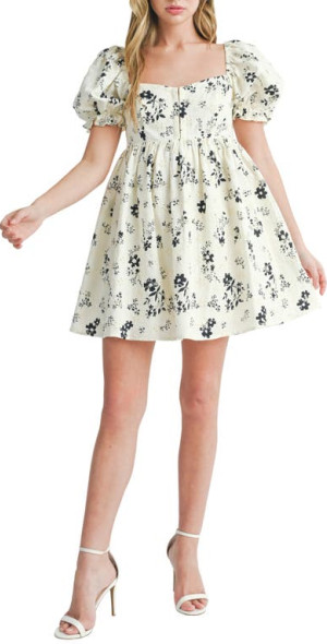 All in Favor - Floral Eyelet Babydoll Dress in Ivory Black Floral at ...