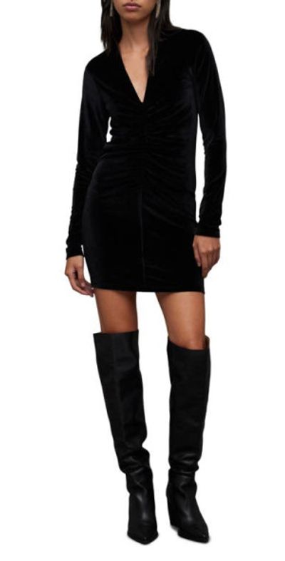 AllSaints - Anya Long Sleeve Stretch Velvet Minidress in Black at Nordstrom