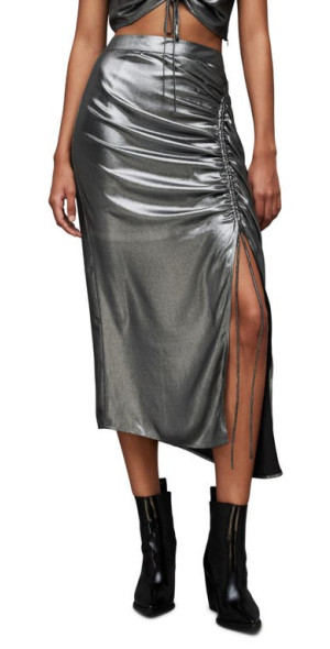 Gunmetal Rhinestone Midi Skirt in Black