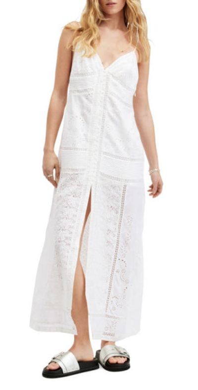 AllSaints Dahlia Embroidered Eyelet Maxi Dress in Off White at