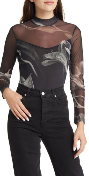 AllSaints - Elia Iris Long Sleeve Mesh Bodysuit in Black at