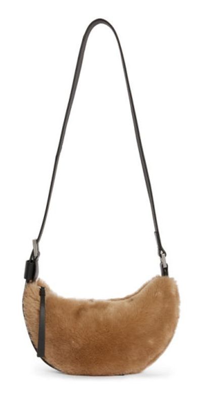 AllSaints Half Moon Genuine Shearling Crossbody Bag in Taupe