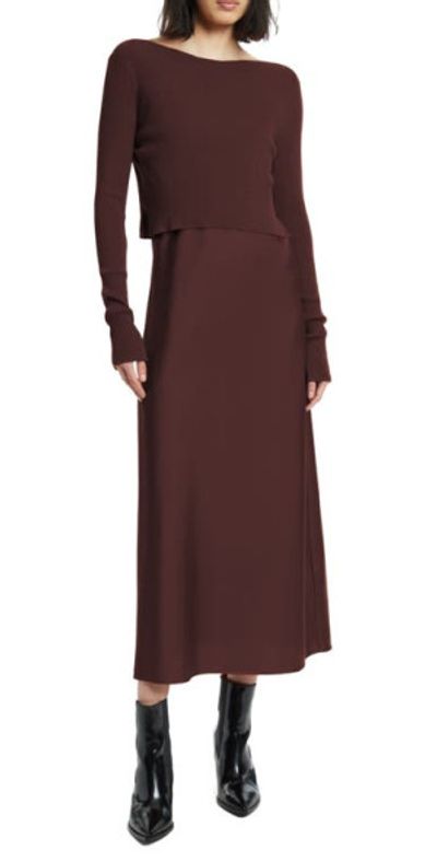 AllSaints Hera Satin Slipdress with Rib Sweater in Rust Brown at