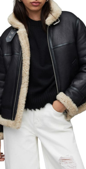 AllSaints - Lorel Genuine Shearling Flight Jacket in Black at