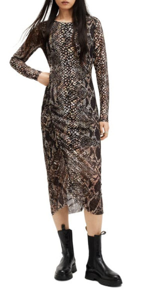 AllSaints Nora Waimea Snakeskin Print Long Sleeve Dress in Black at Nordstrom