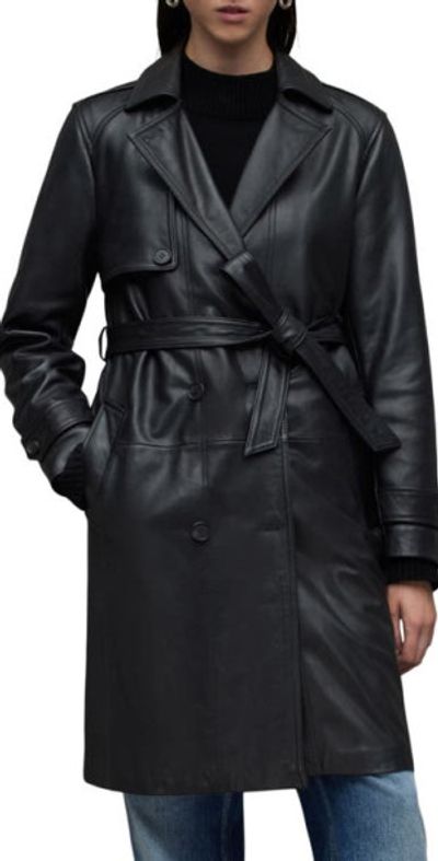 AllSaints Okena Leather Trench Coat in Black at Nordstrom