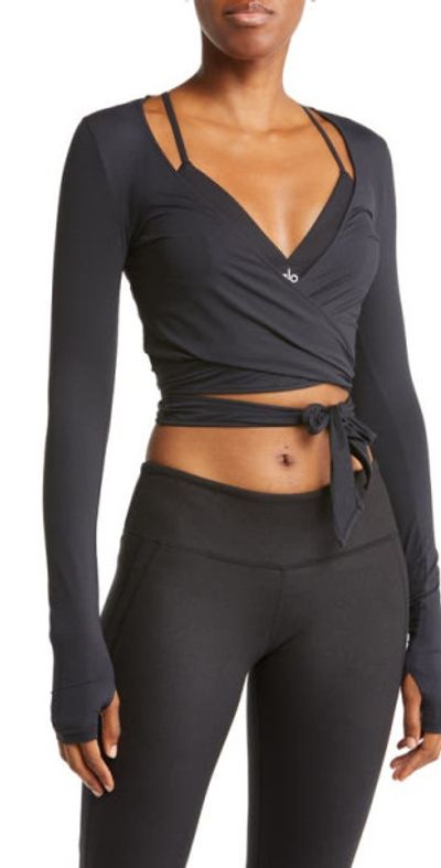 Alo Escalate Long Sleeve Wrap Crop Top in Black at Nordstrom