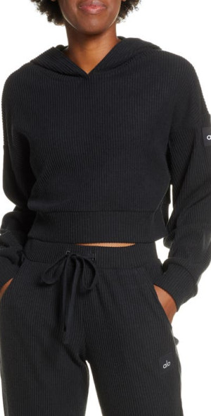 Alo - Muse Rib Crop Hoodie in Black at Nordstrom