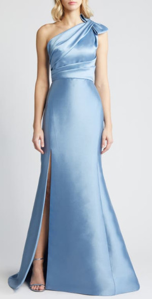 Amsale - Bow Detail One-Shoulder Mikado Mermaid Gown in Smokey Blue at ...